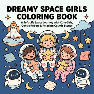 Peut inclure: Couverture de livre de coloriage avec le titre "Dreamy Space Girls Coloring Book". L'image présente trois astronautes de dessins animés tenant des objets en forme d'étoile, avec des robots, des étoiles et une fusée sur un fond bleu. Le texte indique "A Soft-Life Space Journey with Cute Girls, Gentle Robots & Relaxing Cosmic Scenes."