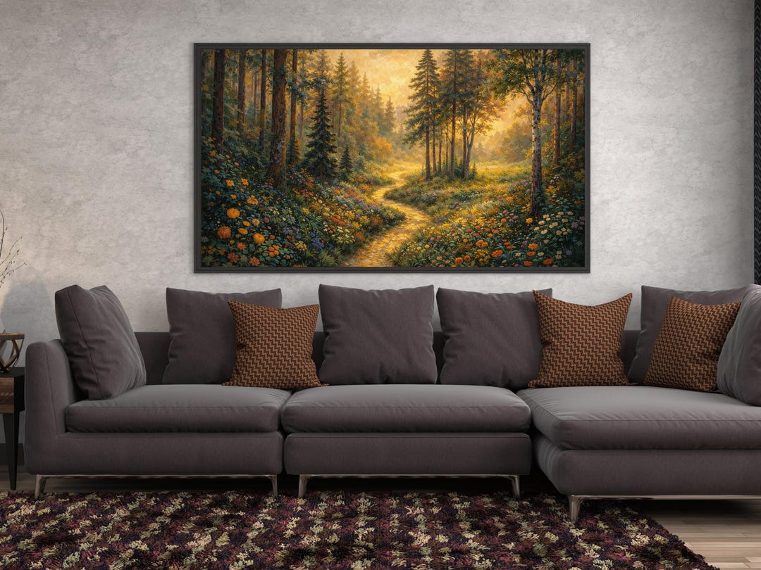 Golden Forest Path Print | Wildflower Sunset, Cottagecore Wall Art ...