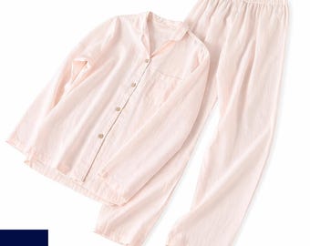 Conjunto de pijama de lino para parejas / Pijama transpirable de manga larga, conjunto de ropa de estar por casa a juego