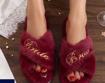 Embroidered Plush Slippers for Women, Cozy Open-Toe House Slippers, Bride Bridesmaid Gift