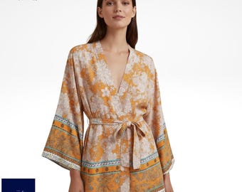 Women's Floral Kimono Dress, Short Rayon Cotton Robe, Summer Lightweight Lounge Wear