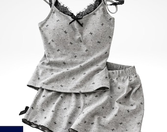 Conjunto de pijama con lazo gris, camisola de encaje, pantalones cortos con volantes y pijama de algodón.