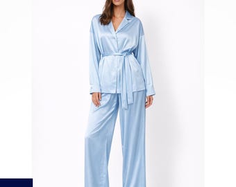 Conjunto de pijama de seda para mujer: pijama de lujo de manga larga, ropa de estar por casa suave, ropa de dormir cómoda.