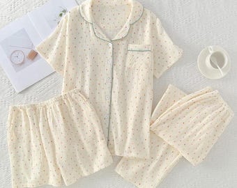 Women's 3-Piece Cotton Pajama Set, Button-Down Sleepwear, Shorts and Pants Loungewear