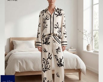Pijama de seda con estampado coral para mujer / Elegante conjunto de pijama de manga larga
