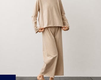 100% Baumwolle Loungewear Set, minimalistisches Langarmshirt, Hose mit weitem Bein, gemütliches Home Wear