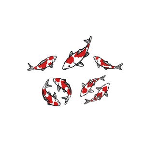 May include: A collection of seven koi fish illustrations arranged in a group. Each fish is rendered with a white body featuring distinct red patches and outlined in black ink. The fish are depicted in various swimming positions and orientations.