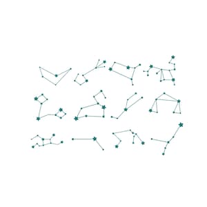May include: A collection of teal-colored constellation illustrations on a white background. Each constellation is depicted with dotted lines connecting star-shaped points, representing various zodiac signs and celestial patterns.