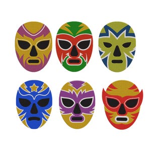 May include: Six colorful embroidered wrestling masks in various designs. The masks feature a range of colors, including gold, purple, red, green, and blue, with black facial features. Each mask has a unique pattern, such as stars and lightning bolts.