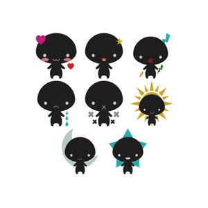 May include: Eight black cartoon characters with different expressions and symbols. One has a heart, another a star, and a third a lightning bolt. Other characters have tears, a sun, a moon, and a star.