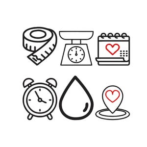 Puede incluir: Ilustración en blanco y negro de iconos de salud y bienestar. Incluye una cinta métrica, una balanza, un calendario con un corazón, un despertador, una gota de agua y un marcador de ubicación con un corazón.