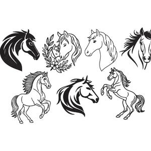 May include: A selection of black and white horse illustrations. The designs feature horse heads, a horse with a floral wreath, and horses in different poses, including rearing up. Ideal for graphic design projects and artwork.