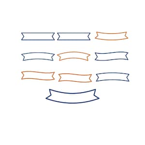 Peut inclure: Une collection de dix bannières en forme de ruban disposées sur quatre rangées. Les bannières présentent diverses formes droites et incurvées avec des bords soulignés, alternant entre le bleu foncé et l'orange brûlé sur un fond blanc.