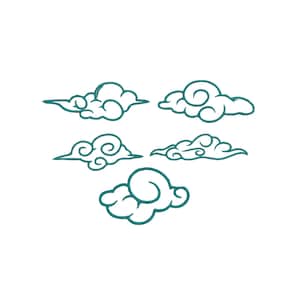May include: Five teal-colored cloud illustrations on a white background. Each cloud has a unique shape, with swirling and rounded forms. The outlines are a darker shade of teal, creating a contrast against the white.