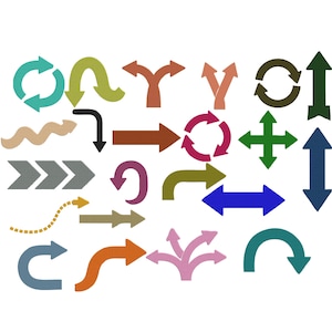 May include: A collection of colorful arrows in various shapes and directions. The arrows are in shades of green, brown, orange, pink, blue, and gray. Some arrows are curved, while others are straight or split.