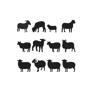 May include: A collection of black sheep silhouettes in various poses against a white background. The image includes sheep with horns, grazing, and standing, suitable for farm-themed designs or illustrations.