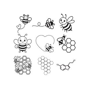 May include: Black and white illustrations of bees and honeycomb. The image includes various bee designs, some with hearts, and a honeycomb pattern. The style is simple and cartoon-like, suitable for stickers or other crafts.