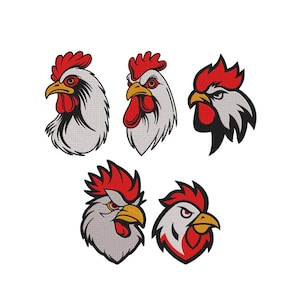 May include: Five rooster head designs with red combs and wattles, yellow beaks, and gray and white feathers. The rooster heads are in various poses, some with a stern expression. The designs are suitable for apparel, logos, or other graphic applications.