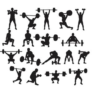 Op de afbeelding: Een zwart-wit illustratie met silhouetten van mensen die verschillende gewichthefoefeningen uitvoeren. De afbeelding toont figuren die halters en dumbbells optillen, squats en lunges uitvoeren, wat verschillende trainingsroutines vertegenwoordigt.