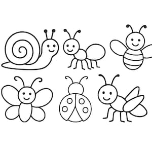 Könnte beinhalten: Eine Sammlung von sechs schwarz-weißen Cartoon-Insekten. Die Illustrationen zeigen eine Schnecke, eine Ameise, eine Biene, einen Schmetterling, einen Marienkäfer und eine Heuschrecke. Jedes Insekt hat ein lächelndes Gesicht und ist mit einfachen Linien gezeichnet.