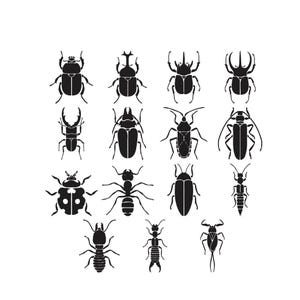 May include: A collection of black insect silhouettes, including beetles, ants, and other bugs, are arranged on a white background. The insects vary in shape and size, with detailed depictions of their bodies and antennae.