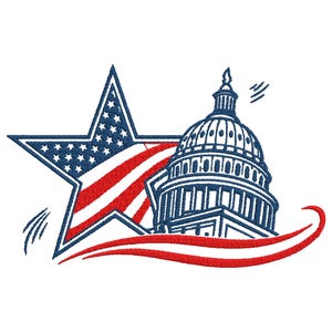 May include: Embroidered design featuring a blue star with white stars and red and white stripes, a blue and white illustration of the U.S. Capitol building, and a red and white curved line on a white background.