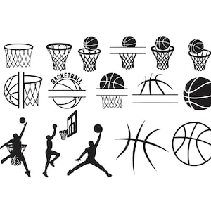 May include: A collection of black and white basketball-themed graphics. The image includes basketball hoops, basketballs, and silhouettes of players in action. The word "BASKETBALL" is also featured in the design.
