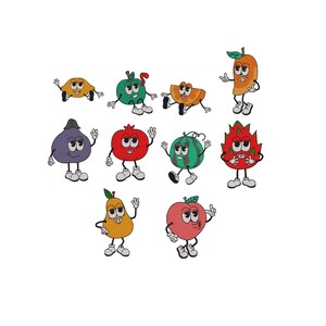 Op de afbeelding: Een verzameling cartoonvruchten met lachende gezichten, armen en benen. De vruchten zijn onder meer een citroen, appel, pompoen, mango, vijg, granaatappel, watermeloen, drakenfruit, peer en perzik. Elke vrucht heeft een andere kleur en een unieke uitdrukking.