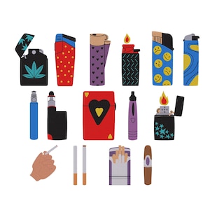 May include: A collection of various lighters, e-cigarettes, cigarettes, and a cigar. The lighters feature diverse designs, including a cannabis leaf, polka dots, hearts, and smiley faces. The items are arranged on a white background.