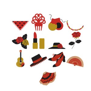 Puede incluir: Colección de ilustraciones de temática española. Incluye un pañuelo rojo y negro de lunares, un peine para el pelo, castañuelas, un collar, una rosa, pintalabios, un sombrero, una guitarra, zapatos, un abanico y un chal.