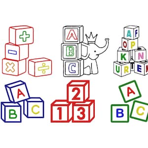 Pode incluir: Uma coleção de blocos de brinquedo coloridos com letras, números e símbolos matemáticos. Os blocos estão dispostos em várias pilhas e configurações, com uma ilustração caprichosa de um elefante. Os blocos são delineados em vermelho, azul, verde e amarelo.