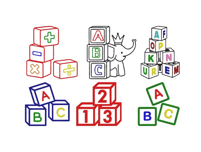 Outlined Blocks ABC Embroidery Design, ABC Blocks Embroidery Design, Block Line Art ...