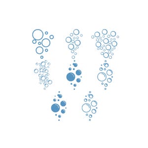 May include: A white background with six clusters of blue bubbles of varying sizes. Some bubbles have a textured appearance. The bubbles are arranged in vertical and diagonal patterns, suggesting movement.