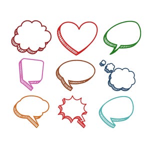 May include: A collection of nine colorful speech bubbles and thought bubbles in various shapes and styles. The outlines are hand-drawn with a sketchy aesthetic, featuring colors like red, green, blue, orange, and pink. The bubbles are set against a clean white background.