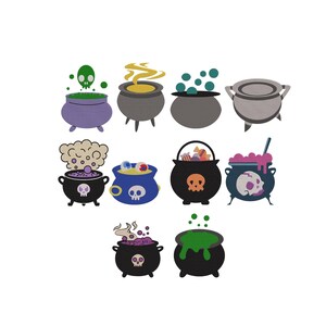 May include: A collection of ten illustrated cauldrons in various colors including purple, grey, blue, and black. The pots feature diverse contents such as green bubbling liquid, yellow smoke, eyeballs, skulls, candy, and pink dripping potions.