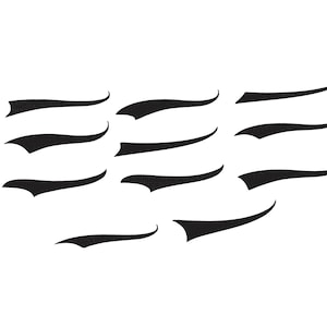 May include: A collection of black swoosh graphics on a white background. The swooshes vary in size and curvature, resembling stylized quotation marks or decorative elements. Ideal for digital design or crafting projects.