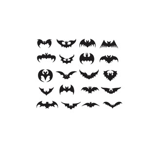 May include: A collection of twenty distinct black bat silhouettes arranged in a five-by-four grid. Each icon features a unique wing shape and body style, ranging from sharp, angular points to rounded, scalloped edges, all presented in solid black.