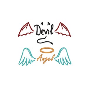 Peut inclure: Un motif de broderie présentant le mot Devil en écriture noire avec des ailes de chauve-souris rouges et une queue, placé au-dessus du mot Angel en écriture orange avec une auréole assortie et des ailes emplumées bleu clair sur les côtés.