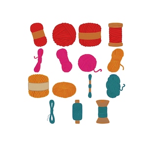 Puede incluir: Una colección de ovillos y carretes de hilo coloridos en varios tonos de rojo, rosa, naranja y verde azulado. La imagen muestra diferentes tamaños y estilos de hilo, perfectos para proyectos de tejido y ganchillo.
