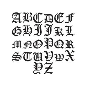May include: A black and white graphic featuring the complete English alphabet from A to Z. Each letter is rendered in a distinct, ornate gothic-style typeface with sharp serifs and decorative strokes, arranged in five rows against a plain background.