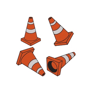 May include: Four orange traffic cones with white reflective bands. Each cone has a square base and a cylindrical top. The cones are arranged in a circular pattern against a white background.