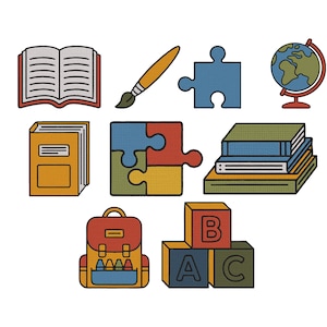 May include: A collection of colorful, illustrated school supplies and educational items. The image includes an open book, a paintbrush, puzzle pieces, a globe, a notebook, a backpack, a stack of books, and ABC blocks.