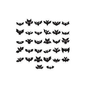 May include: A collection of thirty-two individual black bat silhouettes arranged in a grid pattern. Each bat features a unique wing shape, ear structure, and facial expression, rendered in a solid black color against a plain white background.