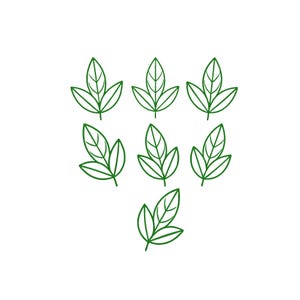 May include: A collection of seven green leaf illustrations arranged on a white background. Each leaf has three lobes and detailed vein lines, creating a simple, botanical design. The leaves are evenly spaced.