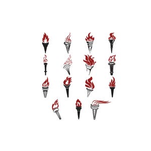 May include: A collection of stylized torch illustrations in black and red. The torches vary in design, with flames of different shapes and sizes. The image is set against a white background, highlighting the detailed artwork of each torch.