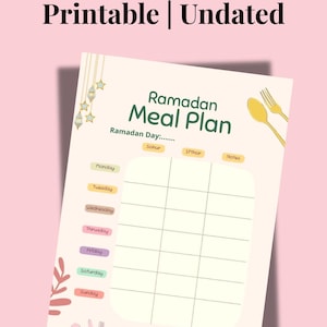 Puede incluir: Un plan de comidas del Ramadán imprimible con el texto "Ramadan Meal Plan Printable | Undated". El plan de comidas incluye secciones para "Sohur", "Iftar" y "Notas", con los días de la semana. El diseño presenta elementos decorativos.