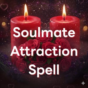 Op de afbeelding: Twee rode kaarsen met brandende vlammen, de tekst "Soulmate Attraction Spell" in het wit en een boeket rode rozen. De achtergrond is donkerpaars met sterren en harten.