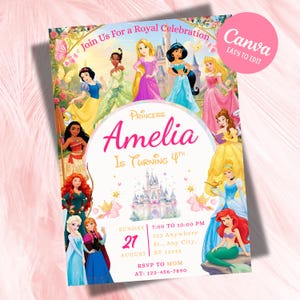 May include: A vibrant invitation card with Disney princesses like Cinderella and Jasmine. The design is for a princess-themed birthday party, with the name "Amelia" and the age "4th" highlighted. The text includes date, time, and RSVP details for the event.