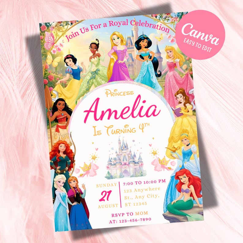 Digital 5x7 princess birthday invitation featuring Snow White, Tiana, Rapunzel, Jasmine and more with a pink floral border and castle. Text reads 'Amelia is Turning 4th'. Easily editable Canva template for a royal celebration theme.