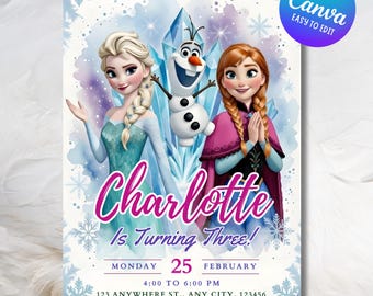 Editable Frozen 3rd Birthday Invitation: Watercolor Elsa Anna Snowflake Party Canva Template, Digital Download
